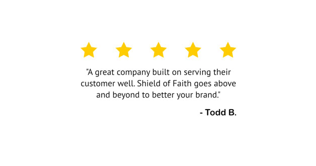 Five yellow stars above a quote praising a company for excellent customer service, attributed to "Todd B."