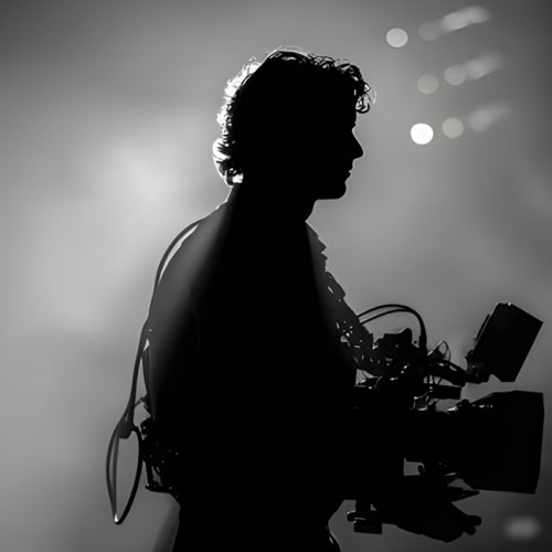 Camera operator in silhouette holding a cinema camera rig.