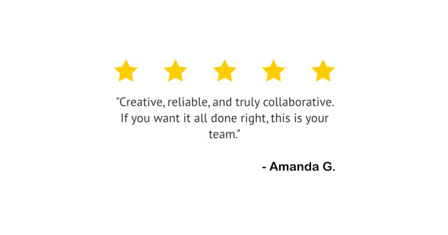 Five yellow stars above a quote praising creativity and reliability, attributed to Amanda G.